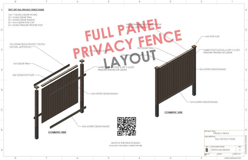 Full Panel Cedar Privacy Fence Layout/Diagram Cheat Sheet